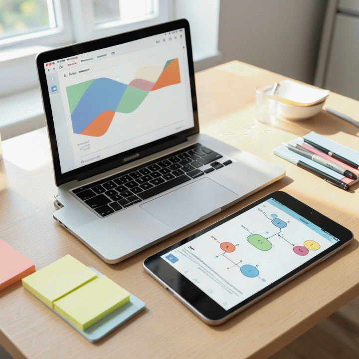 Tampilan meja kerja yang rapi dan modern dengan laptop dan tablet yang menampilkan antarmuka abstrak, menyimbolkan persiapan materi ajar yang efisien.