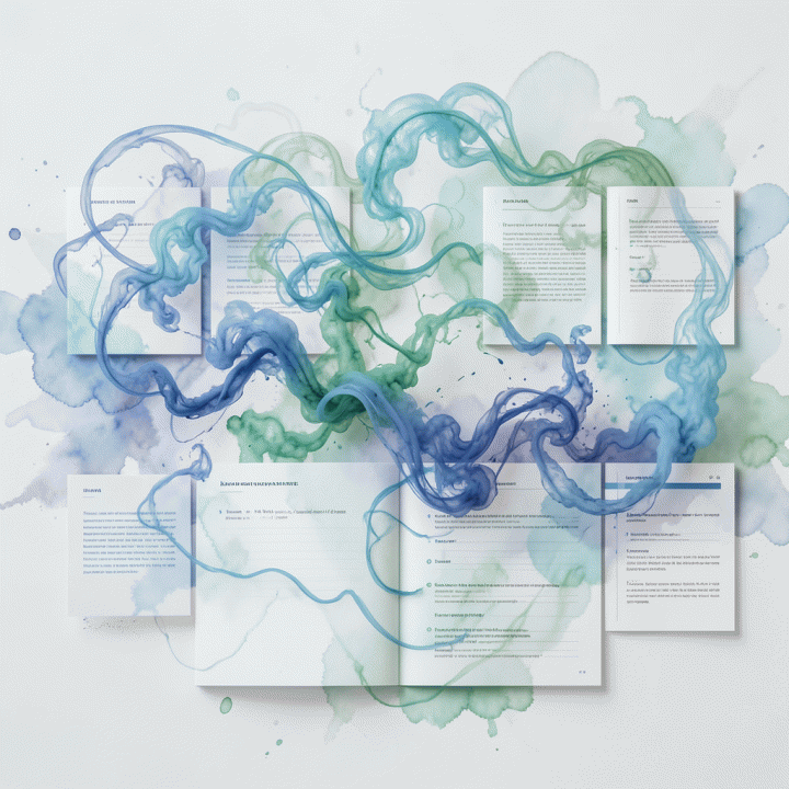 Visualisasi abstrak yang menunjukkan pikiran yang berantakan bertransformasi menjadi jurnal yang terstruktur berkat kekuatan AI.