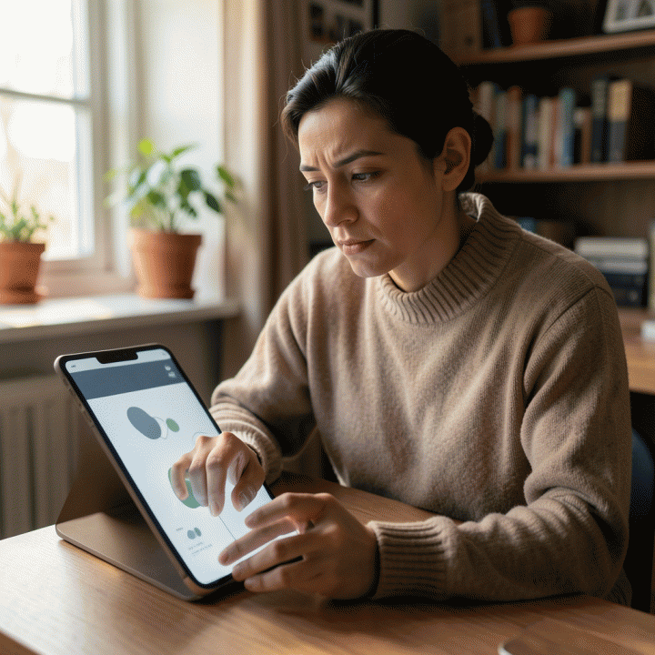 Seseorang sedang merefleksikan pikiran di jurnal digital yang terstruktur, melambangkan transformasi dari kekacauan menjadi keteraturan mental.