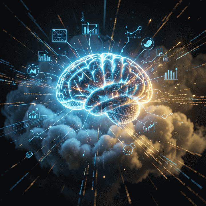 Futuristic digital brain representing the transformation of an abstract idea into a structured digital business plan using AI.