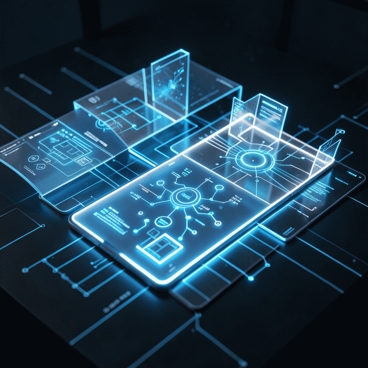 Digital blueprint unfolding into a ready-to-use digital business product package using AI automation.