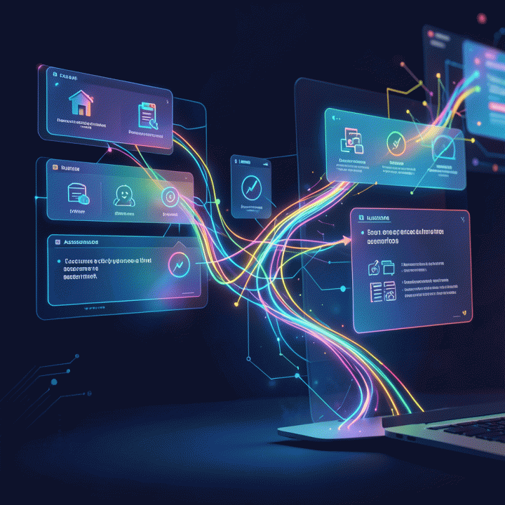 Visualisasi konseptual aliran data pendidikan dari sumber AI ke modul pelajaran terstruktur dan alat penilaian. Seni digital, warna cerah, fokus dalam, detail tinggi.