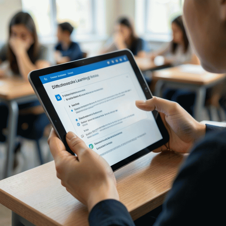 Tangan guru berinteraksi dengan tablet menampilkan rencana pelajaran dan aktivitas pembelajaran yang dibuat oleh AI. Pencahayaan sinematik, detail tinggi, fotorealistik.