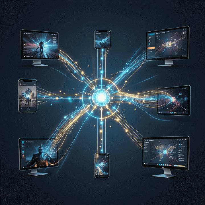 Diagram konseptual yang menggambarkan alur kerja AI video generation, menunjukkan input menjadi output video yang kompleks.