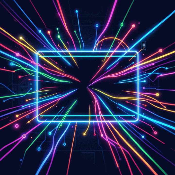 Abstract visualization of a video being remixed into a viral script using AI, showing dynamic flow and interconnected ideas.