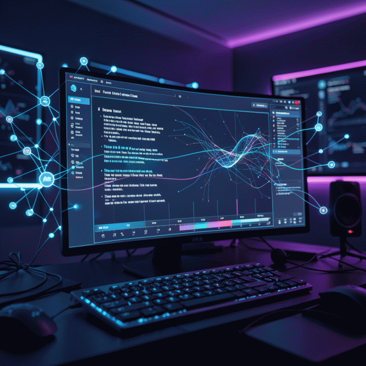 Futuristic holographic interface displaying a video script and timeline, surrounded by abstract AI data streams, symbolizing AI content remixing and strategy.