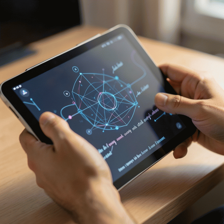 Hands interacting with a screen showing a structured persona matrix and script, illustrating the strategic structuring process of AI content creation.