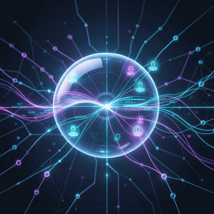 Abstract digital interface showing interconnected nodes and data streams representing AI content strategy and persona development.