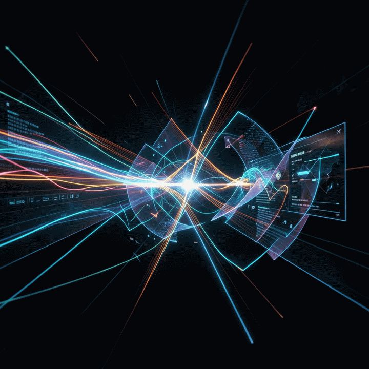 Abstract visualization of remixing and optimizing a video script using AI algorithms.