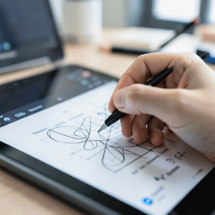 Tangan seorang desainer yang sedang membuat sketsa konsep visual abstrak di tablet digital, menunjukkan proses perencanaan aset web-native.