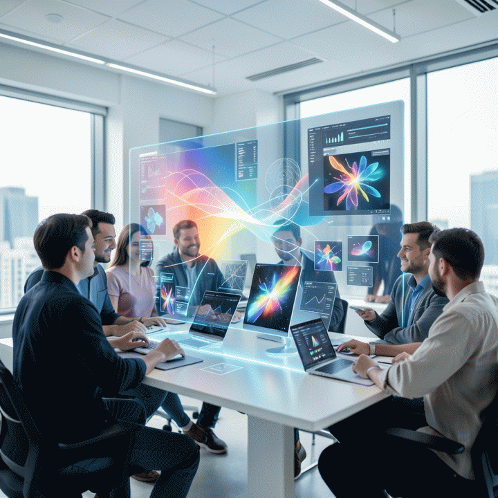 Komposisi visual futuristik yang menunjukkan para kreator bekerja dengan AI untuk menghasilkan aset visual web-native yang berkualitas tinggi dan konsisten, melambangkan peningkatan kemampuan visual storytelling.