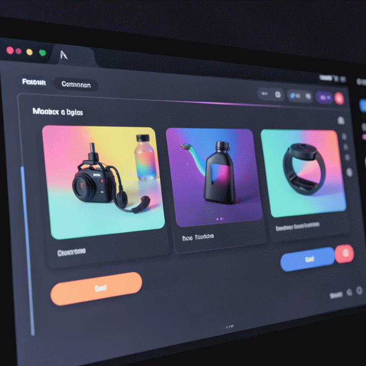 Antarmuka dashboard AI generator yang menampilkan variasi produk yang dihasilkan secara berdampingan.