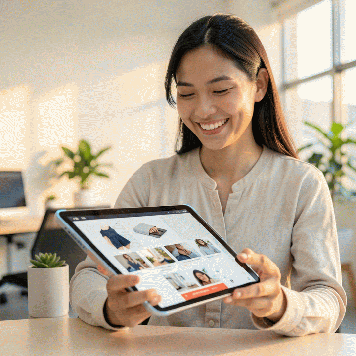 Seorang pemilik UMKM tersenyum menggunakan tablet futuristik yang menampilkan variasi foto produk menarik untuk iklan digital.
