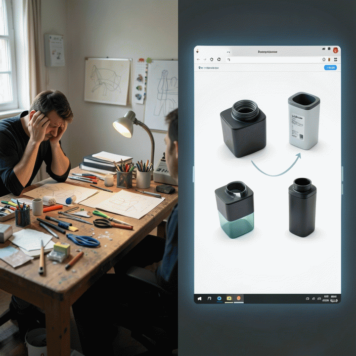 Kontras antara kesulitan desain manual dan kemudahan pembuatan visual dengan AI.