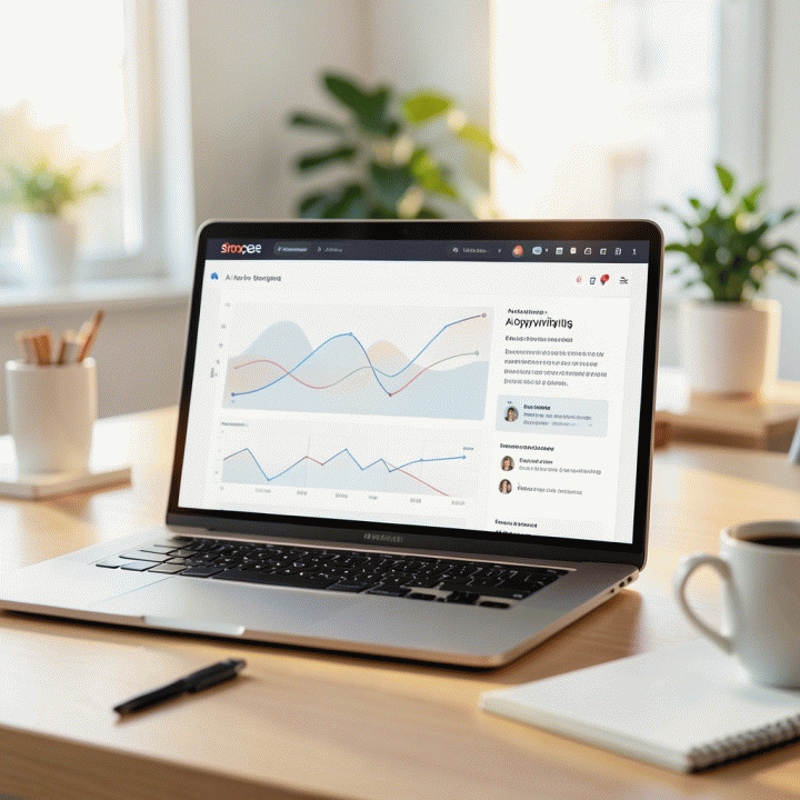 Visualisasi AI Workspace yang modern dan profesional di laptop, menunjukkan dashboard analitik dan proses pembuatan copywriting produk e-commerce yang teroptimasi.