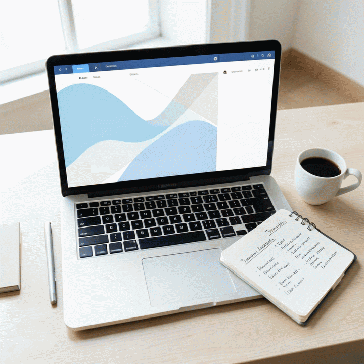 Tampilan datar (flat lay) workspace yang terorganisir, menunjukkan laptop dengan dashboard analitik dan alat tulis untuk strategi bisnis e-commerce.