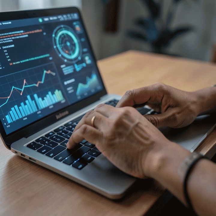 Tangan sedang mengetik di laptop, menunjukkan proses optimasi konten dan copywriting produk menggunakan fitur AI.