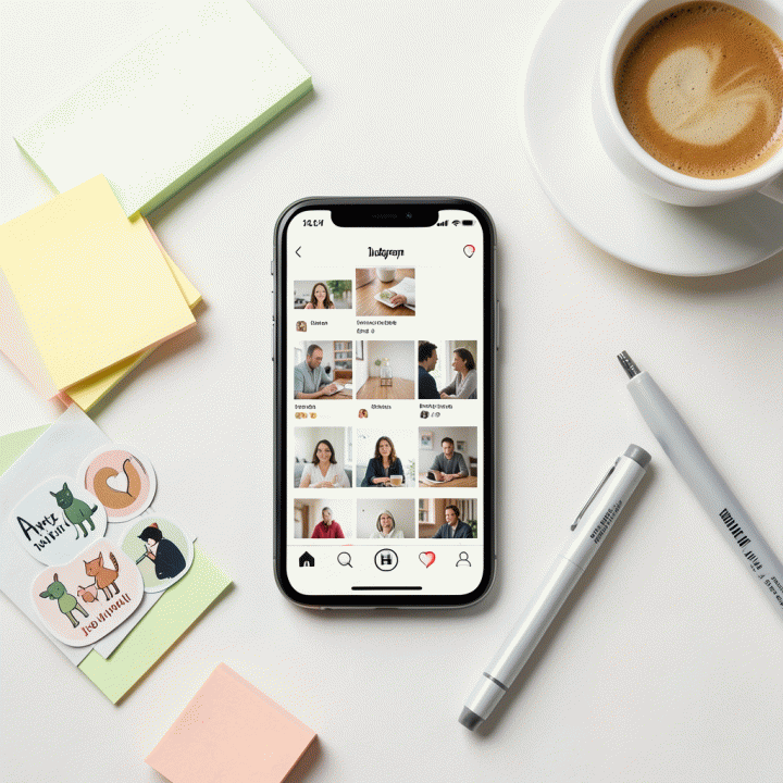 Flat lay aesthetic workspace dengan smartphone menampilkan feed Instagram estetik, dikelilingi oleh stiker fisik dan alat desain kreatif.