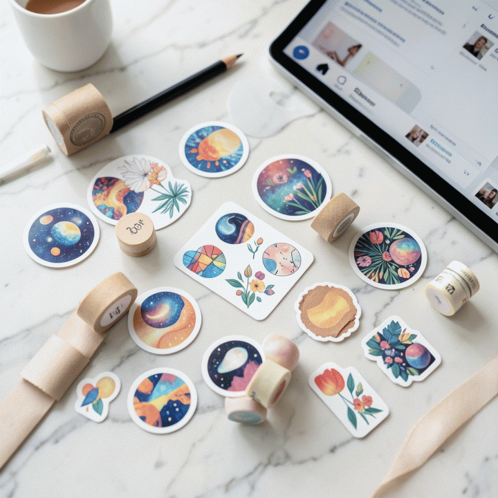Flat lay foto estetis berisi kumpulan stiker digital premium, washi tape, dan elemen dekoratif yang tersebar di atas permukaan marmer putih, menunjang konsep desain feed Instagram yang menarik.