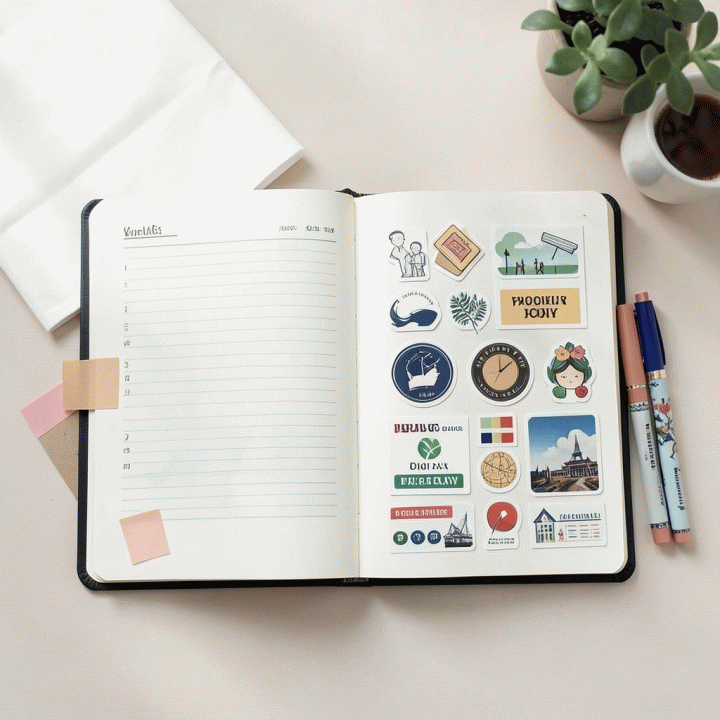 Foto flat lay jurnal digital yang dipercantik dengan stiker premium, washi tape, dan alat tulis, menunjukkan penggunaan aset stiker untuk jurnal harian.