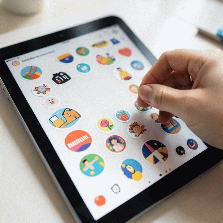 Tampilan close-up antarmuka desain digital yang sedang menghias Story Instagram dengan aksen stiker premium yang berwarna-warni dan artistik.