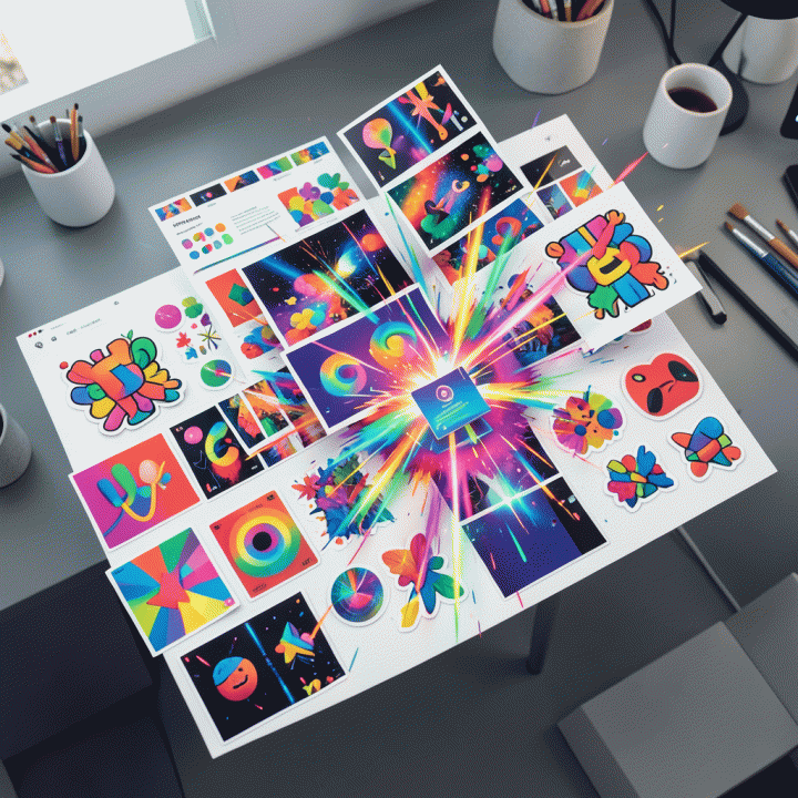 Komposisi visual abstrak yang menampilkan berbagai aset stiker digital premium yang berwarna-warni dan dinamis di kanvas digital.