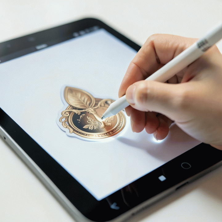 Penggunaan stylus pada iPad untuk menambahkan aksen stiker premium ke jurnal digital, menangkap momen kreatif dan fokus.