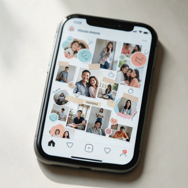 Tampilan flat lay estetis sebuah ponsel pintar yang menampilkan grid feed Instagram yang rapi dan mahal, dipercantik dengan berbagai aksen stiker digital premium yang menghubungkan visual secara harmonis.