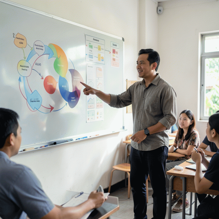 Seorang guru Indonesia yang profesional dan bersemangat di ruang kelas modern, sedang menunjuk pada diagram alur yang melambangkan langkah aksi tindak lanjut setelah observasi kelas.