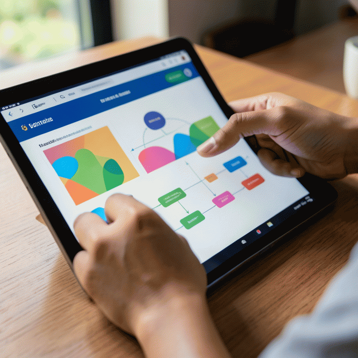 Tangan seorang guru yang sedang berinteraksi dengan tablet yang menampilkan dashboard rencana pembelajaran dan langkah aksi tindak lanjut yang terstruktur.