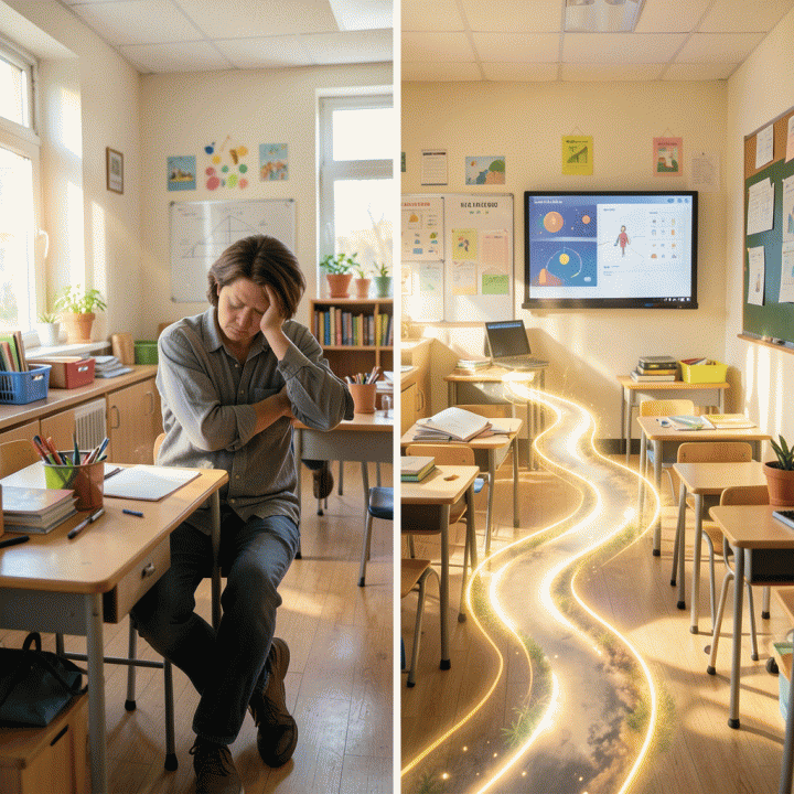 Visualisasi transisi ruang kelas dari kurang terstruktur menjadi lingkungan belajar yang interaktif dan terarah setelah adanya aksi tindak lanjut yang tepat.
