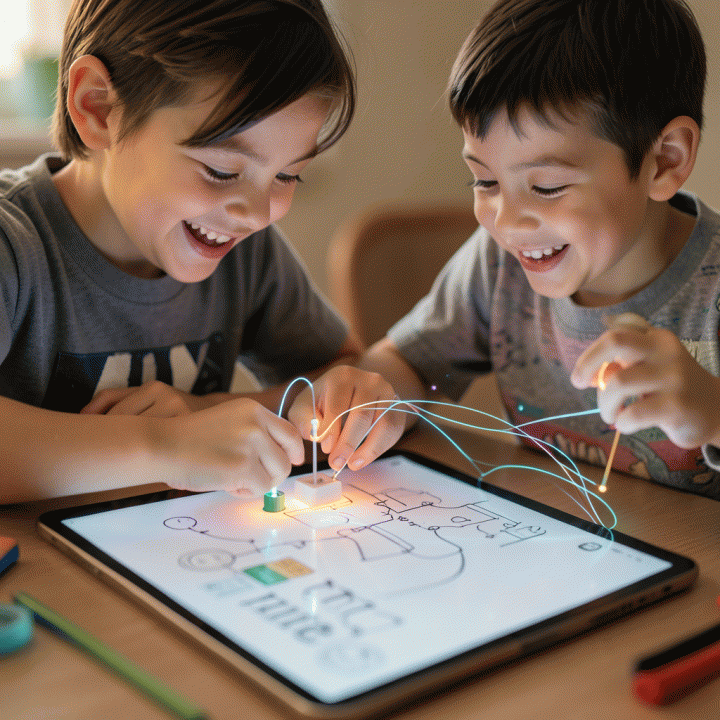 Orang tua dan anak berinteraksi secara intensif dalam proyek belajar praktis, dengan bantuan visualisasi teknologi AI yang abstrak.
