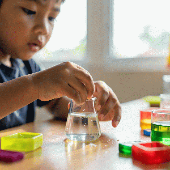 Tangan anak usia 7 tahun sedang mengamati reaksi kimia sederhana dari eksperimen sains di meja belajar.