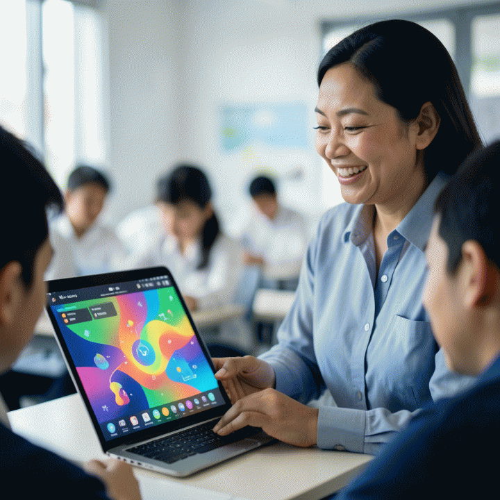 Guru yang memanfaatkan teknologi (tablet/laptop) untuk memfasilitasi aktivitas belajar interaktif di kelas.