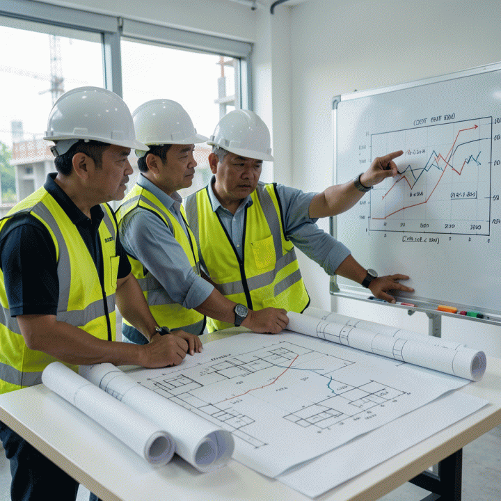 Tiga manajer proyek Indonesia sedang berdiskusi serius di meja gambar di lokasi konstruksi modern, meninjau cetak biru dan grafik proyeksi biaya di papan tulis putih, menekankan pentingnya kontrol anggaran.