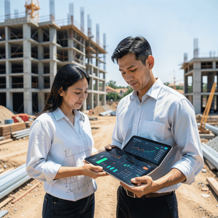 Seorang manajer proyek Indonesia profesional memantau dan menganalisis rencana anggaran biaya (RAB) dan progress konstruksi menggunakan tablet di lokasi proyek yang sedang berlangsung, menunjukkan kontrol finansial dan fisik atas pembangunan.