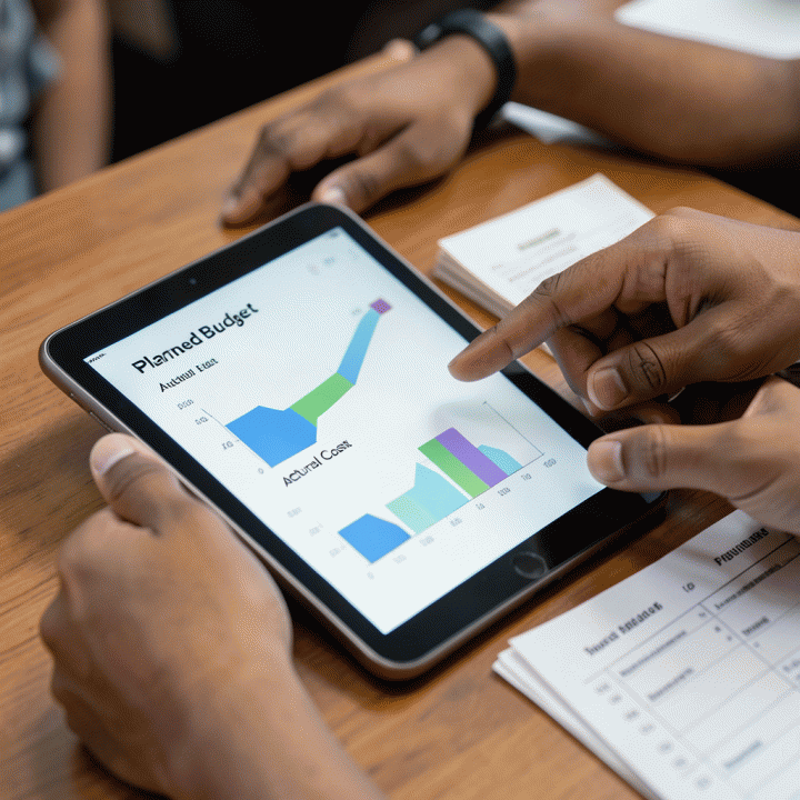 Tangan sedang membandingkan biaya rencana dengan realisasi biaya menggunakan visualisasi data di tablet dan catatan fisik, menekankan akurasi kontrol keuangan proyek.
