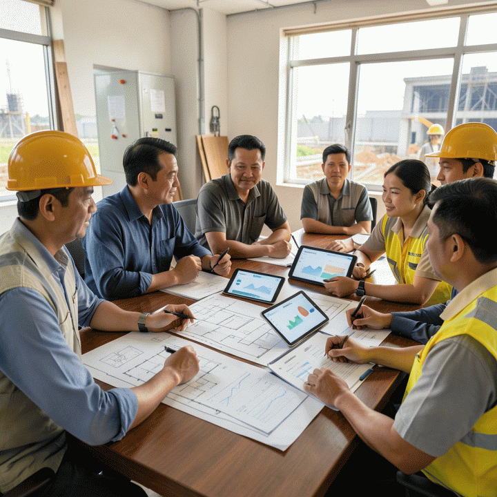 Rapat tim proyek di lokasi konstruksi, membahas rencana anggaran biaya dan progress pekerjaan menggunakan dokumen fisik dan visualisasi dashboard digital yang menunjukkan kontrol keuangan proyek.