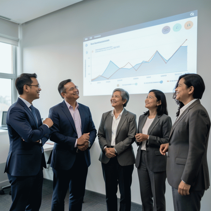 Pemilik bisnis rental melihat dashboard digital yang menampilkan data manajemen aset yang terstruktur, menandakan transisi dari manual ke digital.