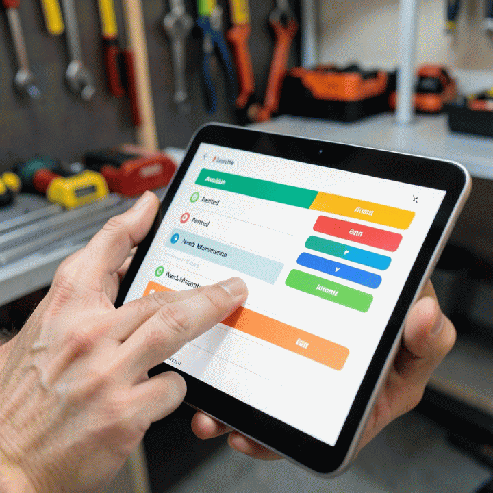 Tangan profesional sedang menggunakan tablet untuk mencatat status inventaris aset rental secara digital, memastikan akurasi data.