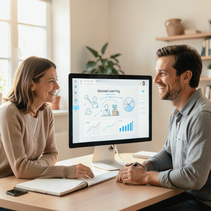 Orang tua dan guru melihat modul belajar interaktif di monitor, menunjukkan solusi Blended Learning yang efisien.