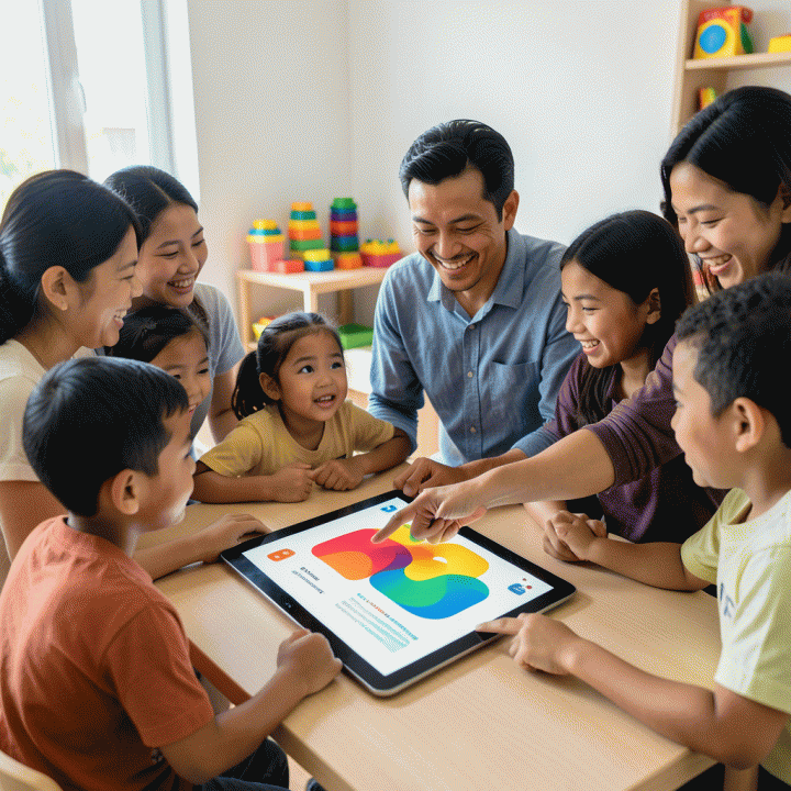 Guru dan orang tua Indonesia yang berkolaborasi menggunakan tablet AI di kelas modern, menciptakan materi belajar interaktif untuk anak-anak.