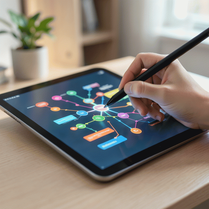 Tangan menggunakan stylus pada tablet yang menampilkan diagram alir materi belajar yang terstruktur dan menarik, melambangkan efisiensi AI.