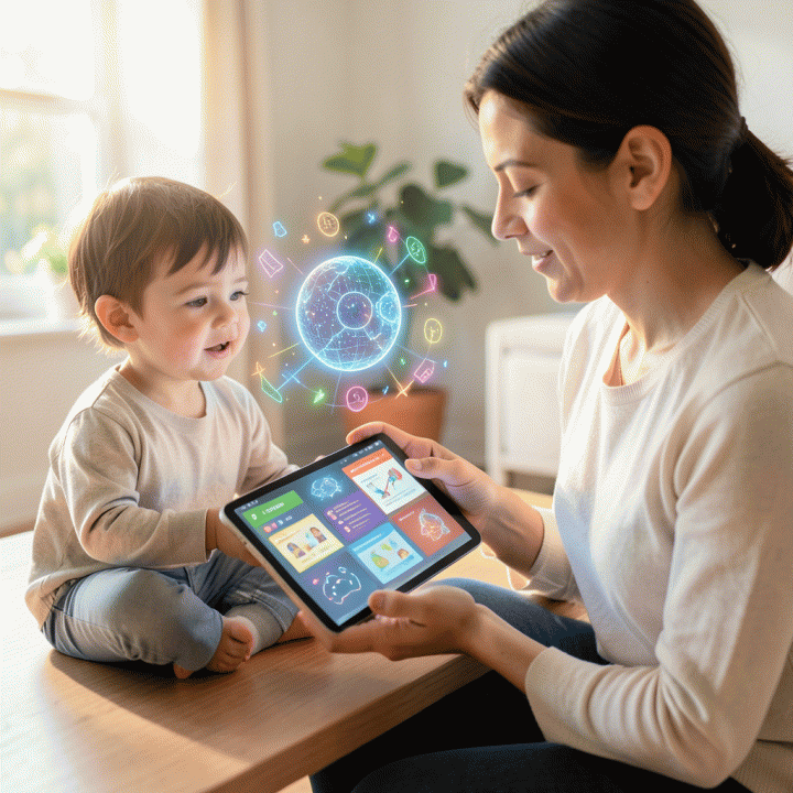 Orang tua menggunakan tablet interaktif untuk menghasilkan materi pembelajaran anak yang menarik melalui antarmuka AI yang cerah dan kreatif.