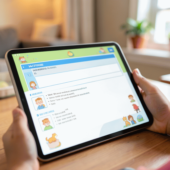 Tampilan layar tablet yang menampilkan rencana pelajaran dan lembar aktivitas yang terorganisir dan menarik untuk anak, menekankan kualitas materi belajar.