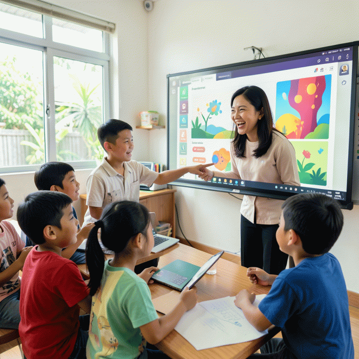 Seorang guru Indonesia modern yang ceria sedang mengajar dan berinteraksi dengan sekelompok siswa di kelas yang cerah, menggunakan materi pembelajaran digital interaktif yang dihasilkan oleh AI.