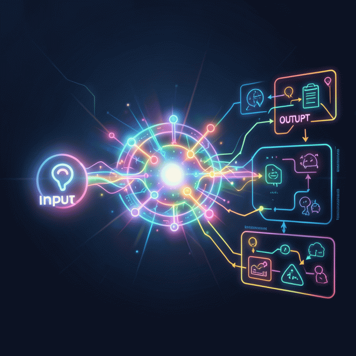 Visualisasi konseptual proses AI yang mengubah input sederhana menjadi materi pembelajaran yang terstruktur dan lengkap.