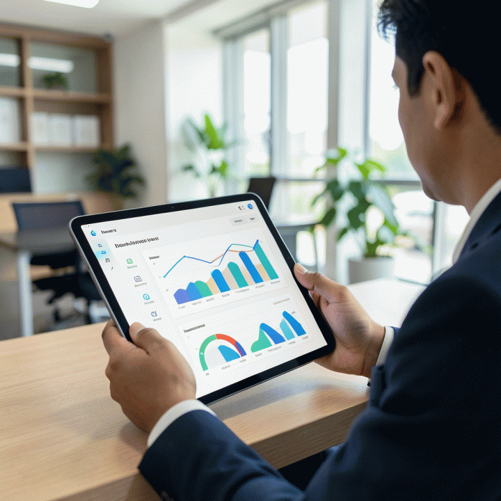 Admin komunitas menggunakan tablet untuk mengelola data dan iuran secara digital di kantor lingkungan modern.