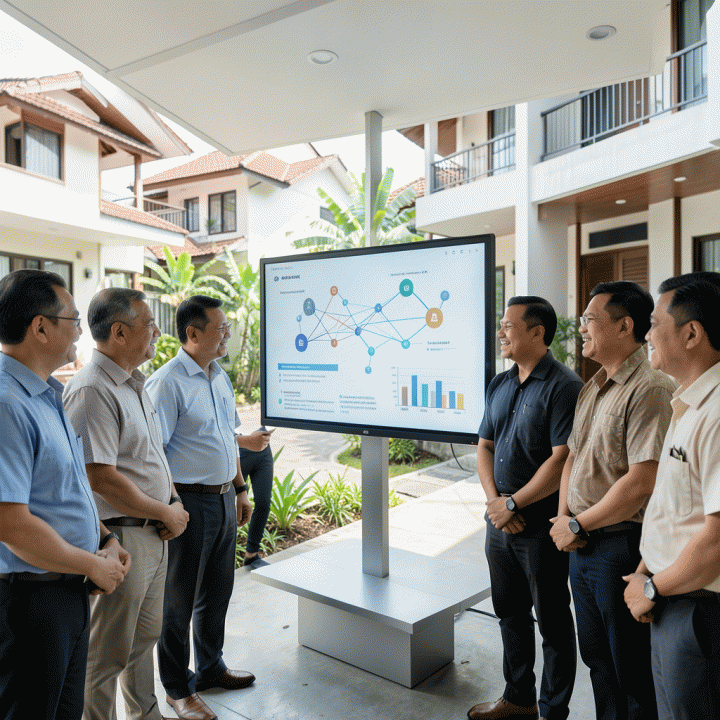 Sekelompok pengurus lingkungan Indonesia berdiskusi di depan layar digital abstrak yang menampilkan visualisasi data terstruktur, melambangkan komunikasi lingkungan yang terorganisir.