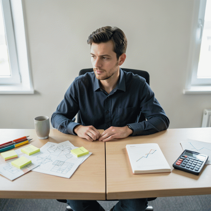 Seorang freelancer profesional yang sedang mempertimbangkan integrasi antara alat manajemen proyek dan alat akuntansi di meja kerjanya yang modern.